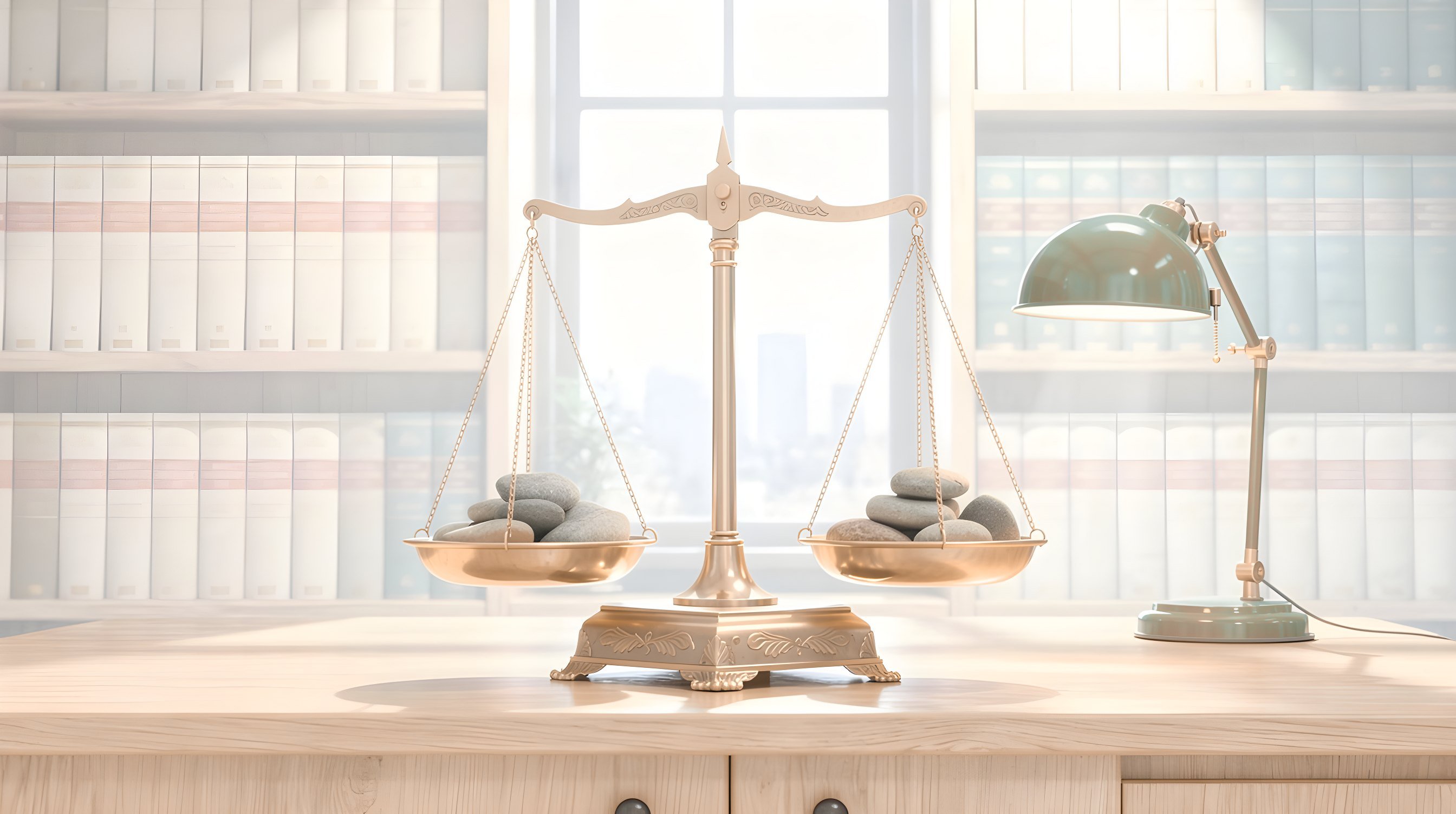 Illustration: a brass balance scale resting perfectly level on an oak counter, each pan holding smooth stones, shelves of bound ledgers behind.