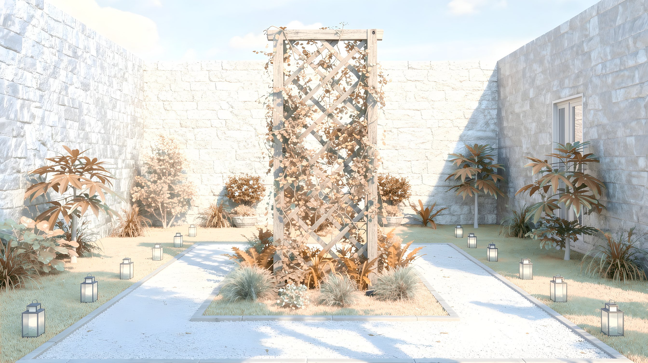 Illustration: a small walled courtyard garden with a tall wooden trellis of orderly climbing vines and a row of sea-green lanterns along a gravel path.