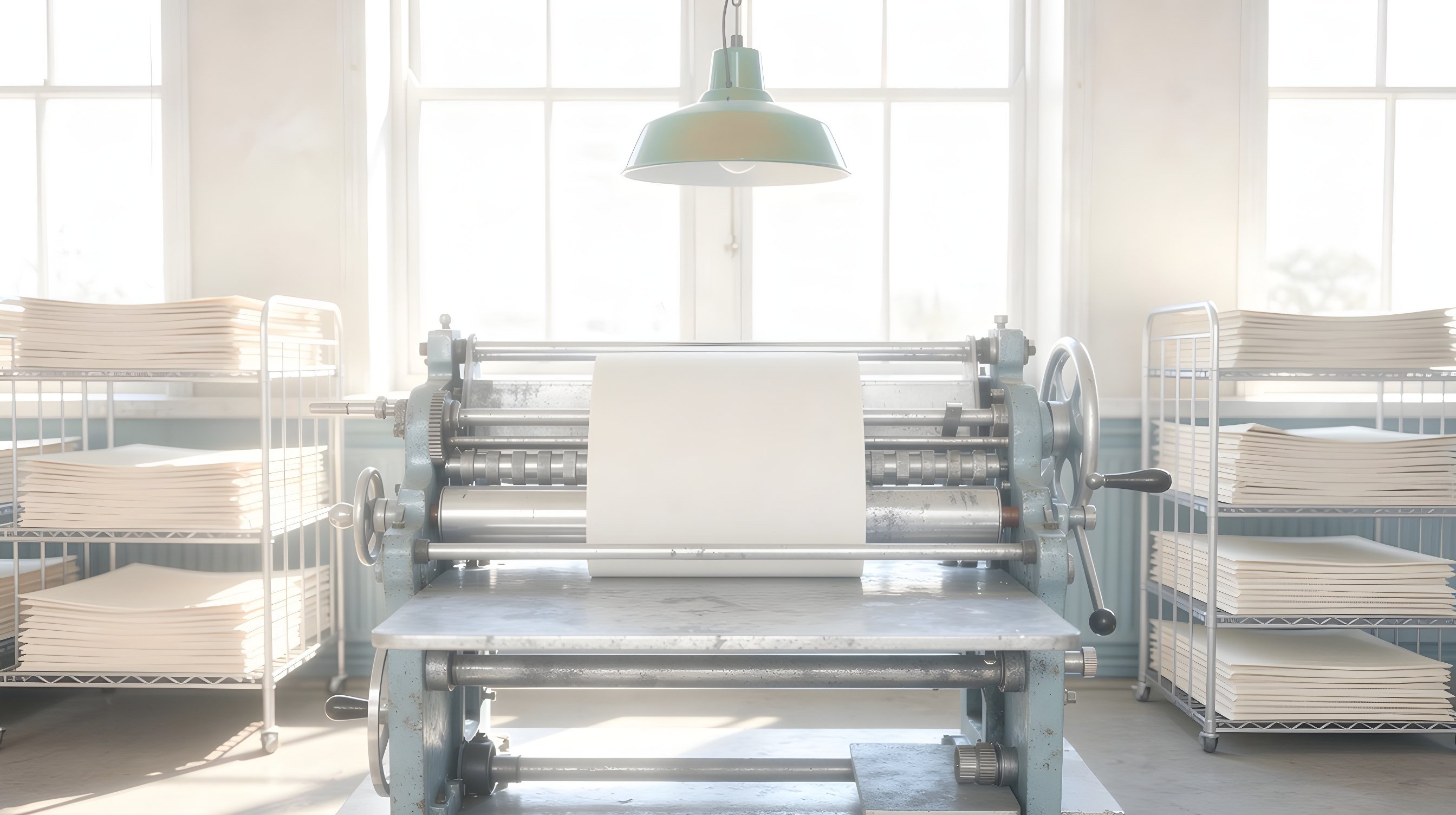 Illustration: a vintage letterpress in an empty print shop with one blank sheet half fed through its rollers, racks of blank paper stock behind it.