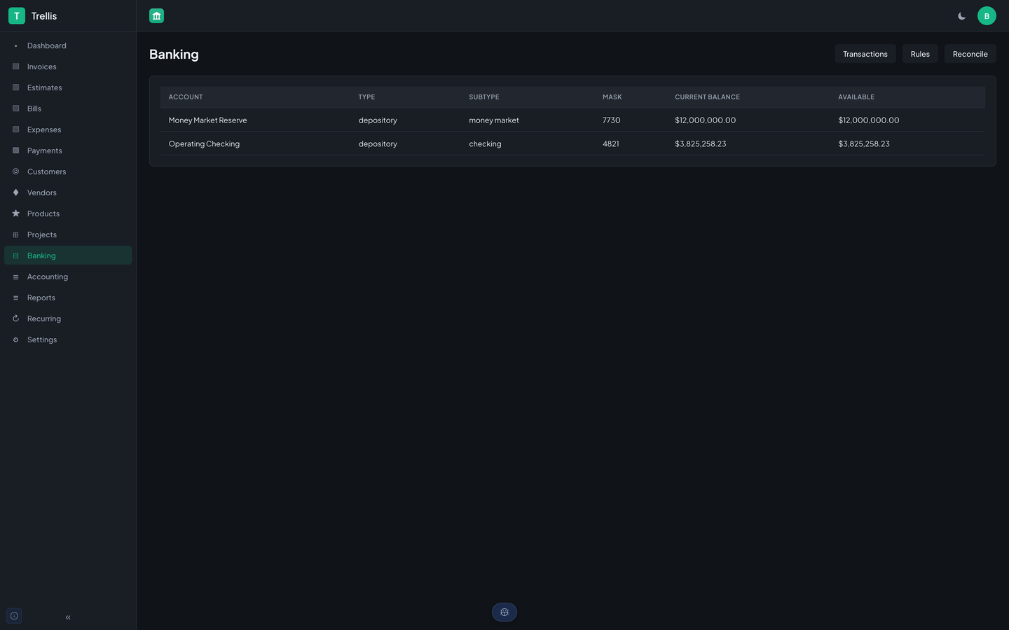 Trellis's banking page for StrataForge Robotics: a table of two bank accounts, Money Market Reserve and Operating Checking, with type, subtype, last digits, current balance, and available balance, and buttons for Transactions, Rules, and Reconcile.