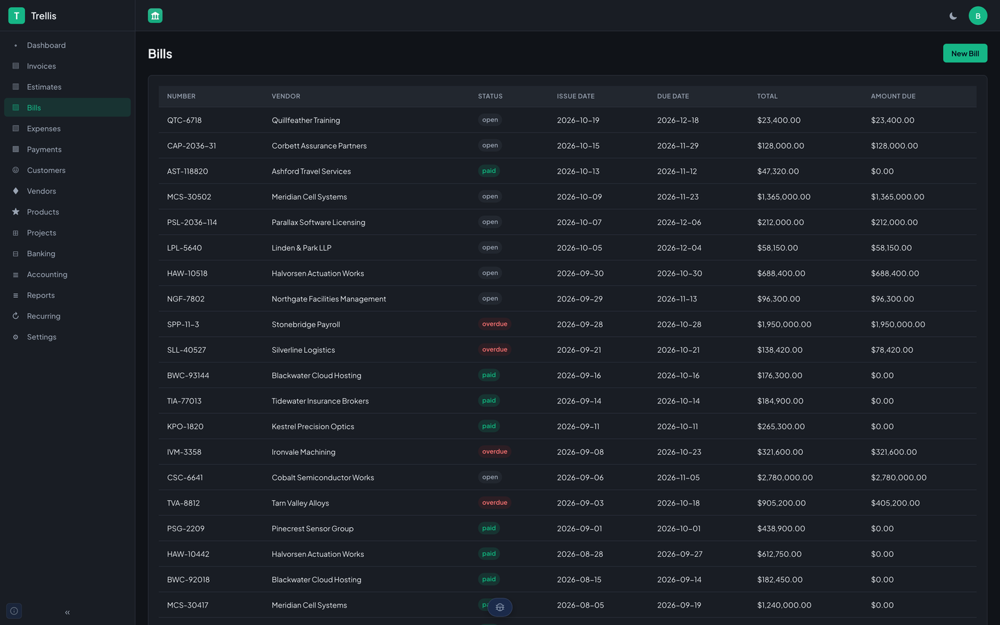 Trellis's bills list for StrataForge Robotics: a table of vendor bills with number, vendor, status of open, paid, or overdue, issue date, due date, total, and amount due, and a New Bill button.